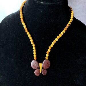 Wooden Butterfly Necklace Natural Wood Beads Pendant Statement